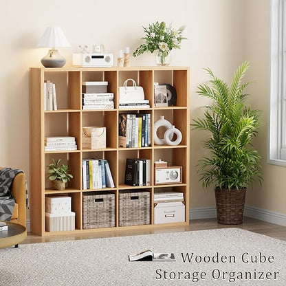 Cube Storage Organizer Bookcase, Decorative 11 inch Open Back Cubical Shelf with Thickened Border, Display Bookshelf for Living Room, Home Office, Sturdy Room (Natural Oak, 16 Cube)