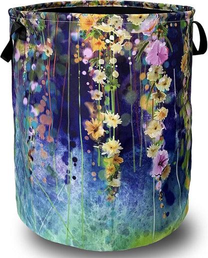 Beautiful Blue Green Floral Laundry Basket Foldable With Handles Tote Bag Oxford Cloth Colorful Laundry Hamper Clothes Storage Bucket Toy Organizer 18.9"x16.5" For Bathroom/Laundry/Bedroom