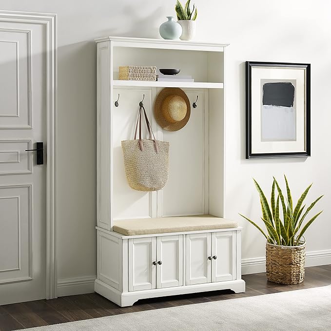 Crosley Furniture Holbrook Hall Tree with Shoe Rack Bench and Coat Hooks for Hanging Storage, Distressed White