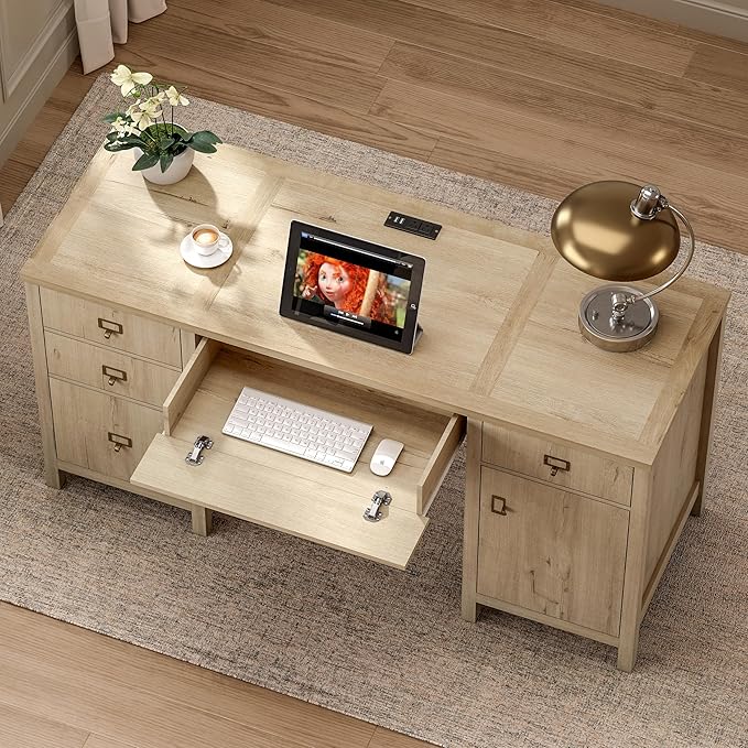 Farmhouse Wood Home Office Desk, 59" Executive Desk Computer Desk with File Drawer Charging Station and Storage Cabinet for Writing Study, Light Oak