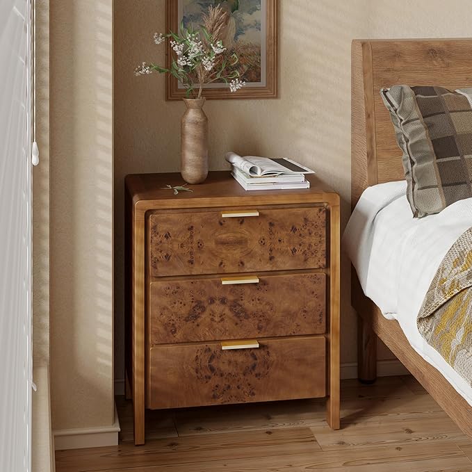 COZAYH Farmhouse Nightstand with 3 Drawer, Distressed Wood Rustic Accent Dresser, Burl Finish Bedside Table for Bedroom, Entryway, Fully Assembled, Brown