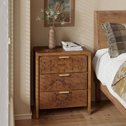 COZAYH Farmhouse Nightstand with 3 Drawer, Distressed Wood Rustic Accent Dresser, Burl Finish Bedside Table for Bedroom, Entryway, Fully Assembled, Brown