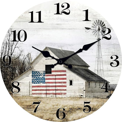 XFM Farmhouse Wall Clock 12 Inch Silent Non-Ticking Battery Operated Rustic Barn Wooden Clocks Country Round Clock for Kitchen Bedroom Living Room