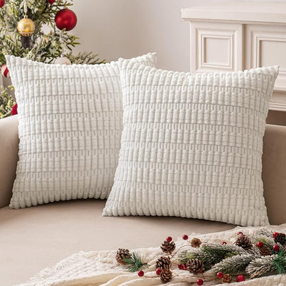 MIULEE Pack of 2 Corduroy Decorative Throw Pillow Covers 18x18 Inch Soft Boho Striped Pillow Covers Modern Farmhouse Home Decor for Sofa Living Room Couch Bed Pure White