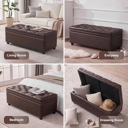 Mangodan 43" Storage Ottoman Bench, Tufted Ottoman with Storage for Living Room, Large End of Bed Ottomans, Modern Entryway Benchs, Window & Bedroom Benches for Foot of Bed (Faux Leather Dark Brown)