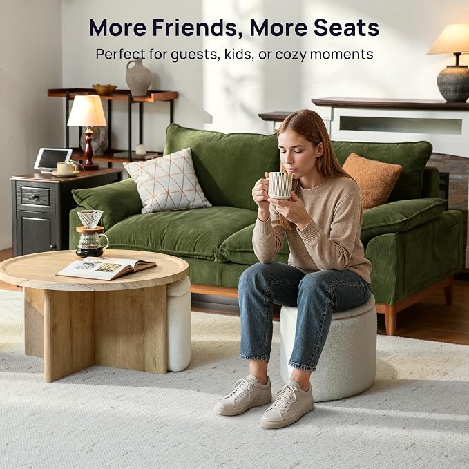 Round Coffee Table with Stools Underneath, Wood Ottoman Coffee Tables with 4 Boucle Storage Ottomans & Seats, Mid-Century Modern Coffee Table with Chairs for Living Room, Small Space, Natural&White