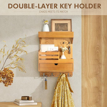 Modern Farmhouse Key Holder Wall Mount with Drawer Organizer – Pine Wooden Mail and Key Organizer with 6 Durable Hooks & Floating Wall Shelf – Ideal for Brightening Up Your Home Decor (Light Brown)