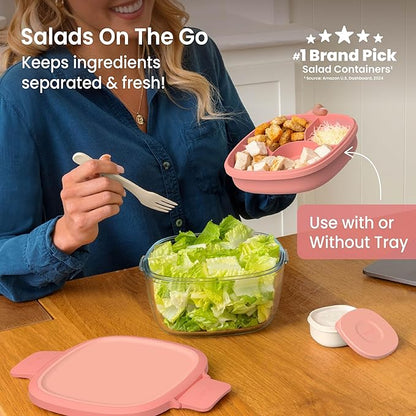 Bentgo Glass Salad Container - 7.6-Cup Salad Bowl with Airtight Lid, Leak-Proof Sauce Container, 4-Compartment Bento Tray & Reusable Fork - BPA-Free for Meal Prep, Office & More (Coral)