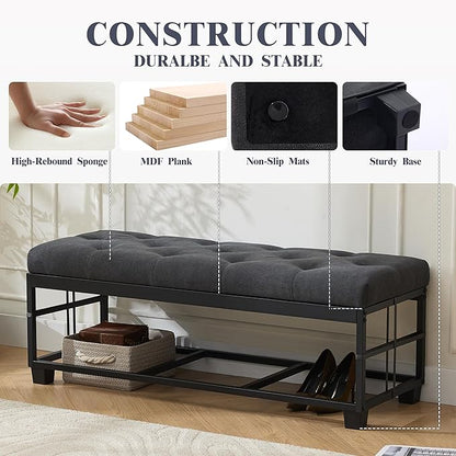 Mangodan 43 Inch Linen Storage Ottoman Bench, Foot Rest with Legs, End of Bed Bench, Storage Chest, Load up to 660 Lb, Ottoman with Storage Bench for Living Room, Bedroom, Entryway (Charcoal)