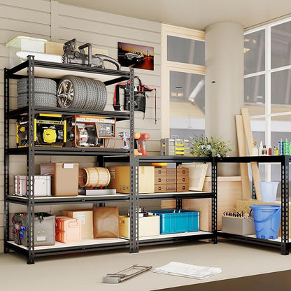 60" H x 28.03" W x 12" D Utility Shelves for Kitchen Pantry: 5-Shelf Storage-Rack Adjustable Metal+Wood Steel Stand Closet/Garage Shelving Unit Organizer System for Basement, Small (Black)