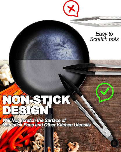 Anaeat Non-Stick Silicone Locking Tong - Stainless Steel 7" Mini Kitchen Food Tongs with Non-Slip Silicone Tips and Grip for Cooking, Baking and BBQ - Heat Resistant up to 480°F (Black)