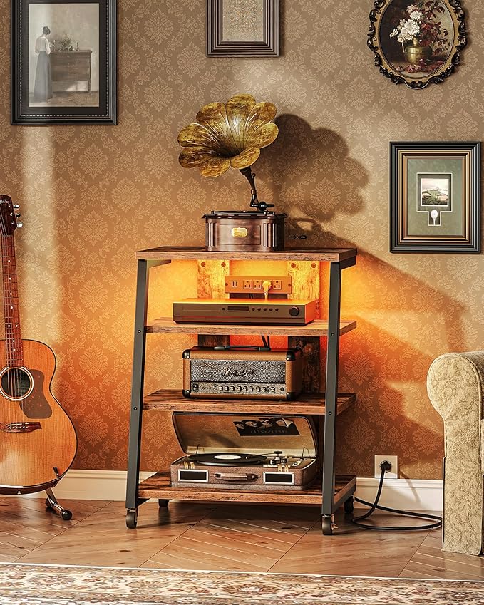 CHOEZON 4-Tier AV Media Stand with Wheels, Stereo Stands, Media Console Shelf with Power Strips, LED Lights, Wooden Audio Cabinet Rack Tower, Rustic Brown and Black TCJ60UDBF
