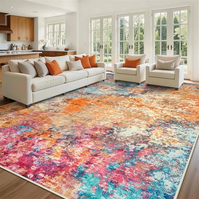 10x14 Area Rugs for Living Room Rug Washable: Abstract Large Rug Indoor Modern Carpet Non Slip for Dining Room Bedroom Nursery Home Office Colorful