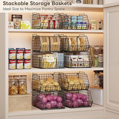 3-Tier Stackable Wire Baskets for Counter, Fruit and Vegetable Storage, Potato and Onion Storage Bin，Kitchen Pantry Organizer - Wall Basket for Produce/Snack/Can, Black