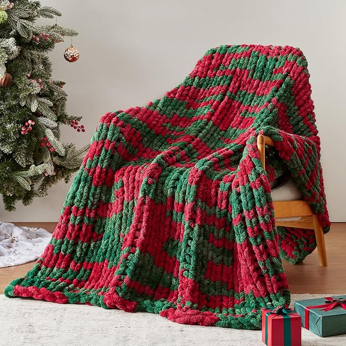 Negwoo Chunky Knit Throw Blanket, 80''*90'' Knitted Throw Chenille Yarn for Bed Couch, Handmade Stripe Crochet Big Thick Blanket, Machine Washable Cute Comfy Blanket for Home Decor