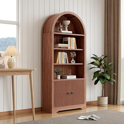 70" Arched Bookcase with Storage, 6 Tier Bookshelf with Door, Freestanding Display Storage Cabinet Farmhouse Storage Shelves for Living Room,Bedroom Home Office,Walnut Oak-2