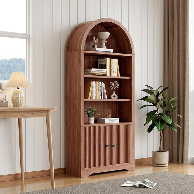 70" Arched Bookcase with Storage, 6 Tier Bookshelf with Door, Freestanding Display Storage Cabinet Farmhouse Storage Shelves for Living Room,Bedroom Home Office,Walnut Oak