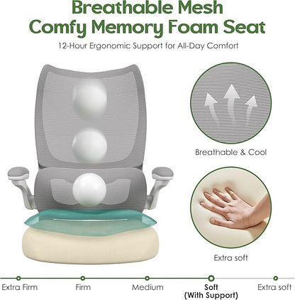 Office Chair Ergonomic Desk Chair - Comfy Mesh High Back Office Chair with Lumbar Support Wheels Home Desk Office Chairs Flip up Armrest Executive Rolling Swivel Task Work Computer Chair Grey