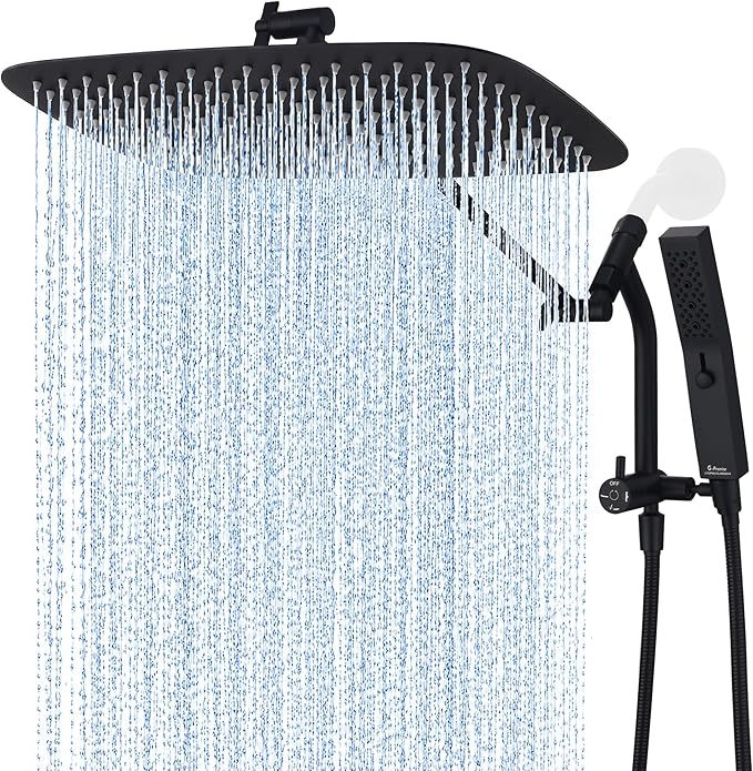 G-Promise All Metal 16 Inch Rain Shower Head with Massage Mode Handheld Spray Combo, 3-Way Diverter with Pause Setting, Full Body Coverage, Modern Bathroom Upgrade (Matte Black)