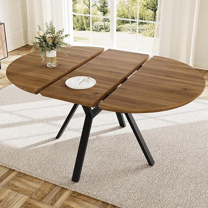 43.2"-59.1" Extendable Round Dining Table for 4-6 People, Modern Kitchen Oval Dining Table with Flexible Leaves Space Saving, Metal Base for Kitchen Dining Room (Walnut)