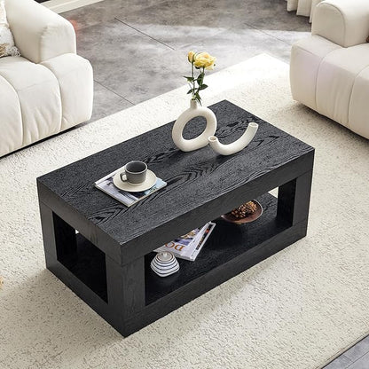 LKTART 39.37" Coffee Table with Storage, 2-Tier Mid Century Rectangular Accent Table with Thick Tabletop, Rustic Style Cocktail, Center Table for Living Room, Office, Apartment (Black)