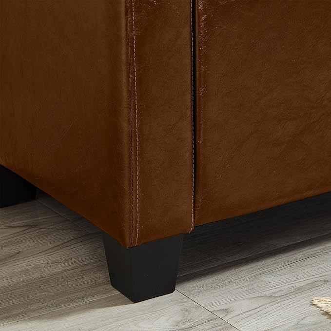 Furniliving Storage Bench, 48‘’ Upholstered PU Leather Ottoman Bench with Button-Tufted, Folding Bedroom Bench with Wood Legs, Entryway Bench for Bedroom, Brown