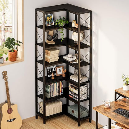 IRONCK Corner Bookshelf, 7-Tier Industrial Corner Bookcase, Tall Corner Shelf Storage Display Rack with Metal Frame for Living Room Home Office, Black