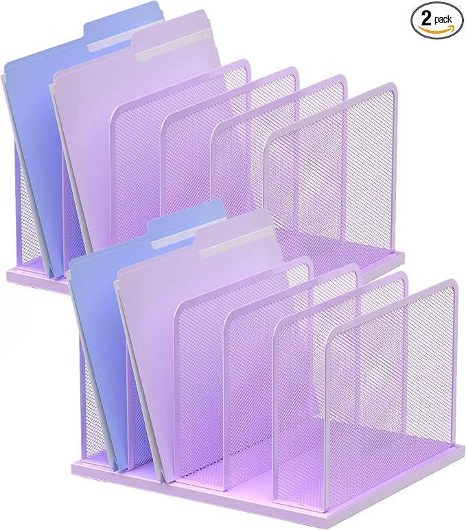 Kuntine.B Desk File Organizer Upright Mesh Desktop Organizer File Sorter Office Organization File Holder for Home, Office & Classroom (Purple, 2 Pack 5-Section)