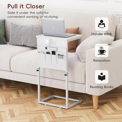 Vagusicc C Shaped End Table with Charging Station, Adjustable Height Side Table for Couch, Sofa Table Laptop Couch Side Tables, Slide Under Sofa TV Tray Arm C Tables for Living Room Bedroom, White