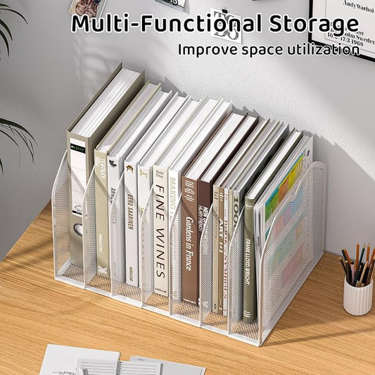 FANXIYQ White 7-Section File Folder Organizer for Desk, Metal Vertical File Holder Stand, Desktop File Organizer Rack for Letter/A4 Folders, Papers, Books, Office Classroom Home