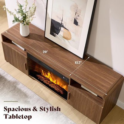 AMERLIFE 70" Fluted Fireplace TV Stand for TVs Up to 80", Modern TV Console with 30" Electric Fireplace & Storage Cabinets, Media Entertainment Center for Living Room, Brown