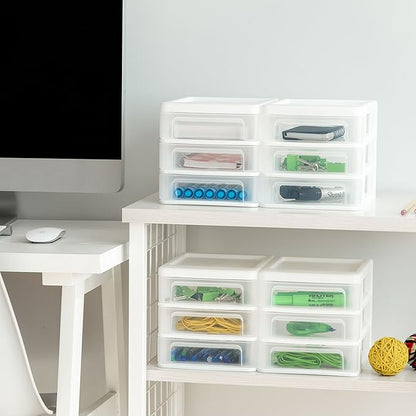 IRIS USA Small 3-Drawer Desktop Organizer, 4 Pack, Stackable, for Office, School, Stationery, Makeup Organizer, Bathroom, Utility, Medical Supplies, Desk Organizer, Versatile Storage, White