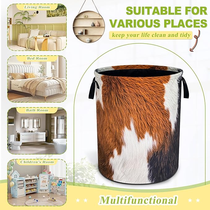 Brown Cow Print Laundry Basket Funny Skin Hair Foldable Waterproof Oxford Cloth Tote Bag Laundry Hamper Large Clothes Storage Bucket Toy Organizer For Bathroom/Laundry Storage/Bedroom 18.9x16.5 Inch