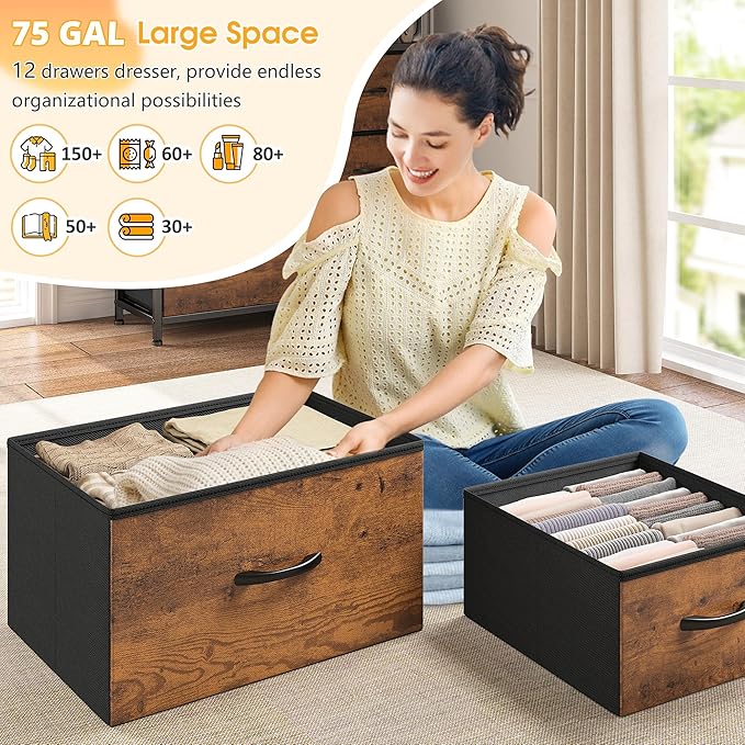 EnHomee Dresser with 12 Drawers & LED Lights, Dresser for Bedroom with 4 Open Storage Shelves, Fabric Dressers & Chests of Drawers, Metal Frame, Wood Top,45.2" H x 35.4" W x 11.8" D, Rustic Brown