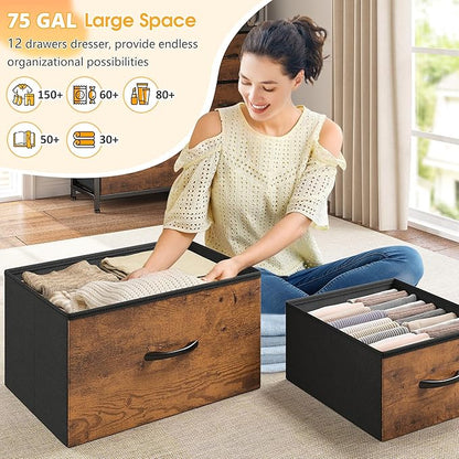 EnHomee Dresser with 12 Drawers & LED Lights, Dresser for Bedroom with 4 Open Storage Shelves, Fabric Dressers & Chests of Drawers, Metal Frame, Wood Top,45.2" H x 35.4" W x 11.8" D, Rustic Brown