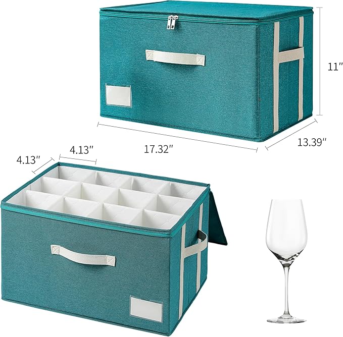 Stemware Storage Cases,Wine Glass Storage Box,with Dividers,Holds 12 Red or White Wine Glasses, Durable Glassware Storage Containers for Crystal or Stemware (Green white, 2 Stemware storage cases)