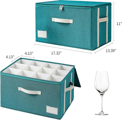 Stemware Storage Cases,Wine Glass Storage Box,with Dividers,Holds 12 Red or White Wine Glasses, Durable Glassware Storage Containers for Crystal or Stemware (Green white, 2 Stemware storage cases)