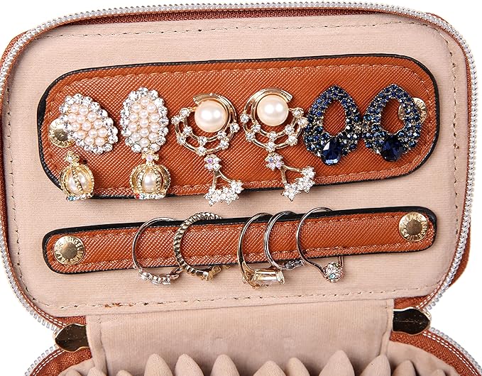 Angelina's Palace Jewelry Organizer Case Bridesmaid Gifts Travel Bag Vegan Leather Box for Necklace Earring Bracelet Ring(bran)