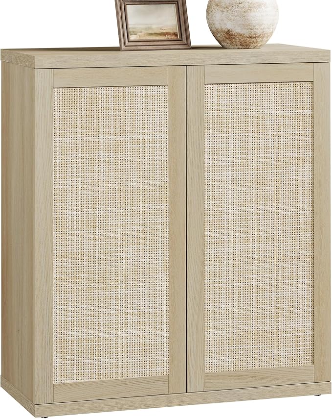 SICOTAS Rattan Sideboard Cabinet with Storage - Large Boho Coffee Bar Cabinet with Doors & Adjustable Shelves, Farmhouse Buffet Console Table Credenza Stand for Living Room, Kitchen, Entryway