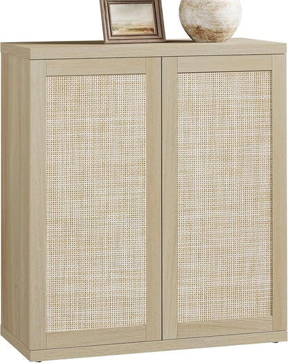 SICOTAS Rattan Sideboard Storage Cabinet - Boho Credenza Coffee Bar Cabinet with Doors & Adjustable Shelves, Large Farmhouse Buffet Console Table for Living Room, Kitchen, Entryway, Sand Oak