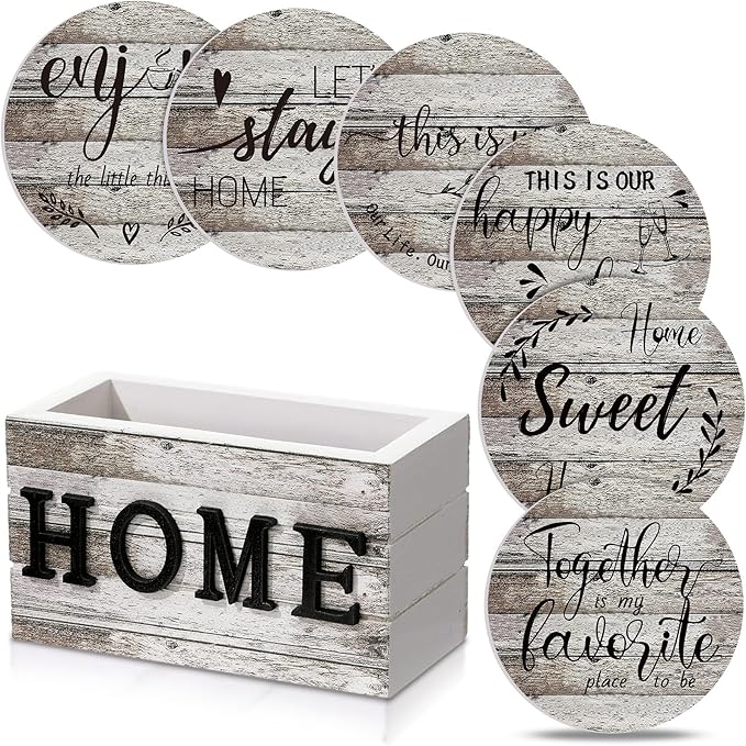 Queekay Coasters Set of 6 House Warming Gifts New Home Wooden Farmhouse Drink Coasters with Holder 4'' Funny Decoration for Kitchen Family Coffee Bar Tabletop Protection(Wood Color)
