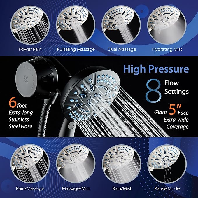 AquaCare Magneton 8-setting Magnetic Docking Hand Shower with Built-in Shower Filter - ON/OFF Filtration Modes, Instant Cartridge Reload, Stay-Clean KDF Cartridge, 6 ft. Steel Hose, Matte Black