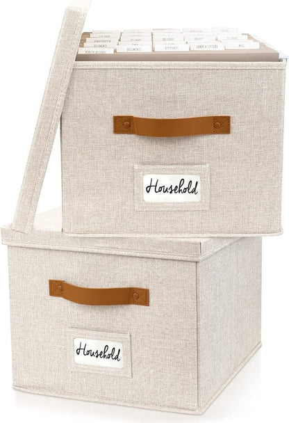 Decorative File Organizer Box Set of 2 - Collapsible Linen Filing Cabinets with Handles Are Perfect to Store All Your Documents & Hanging File Folders - Portable Easy Slide Office Crates with Lid