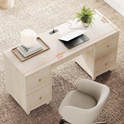 WAMPAT Executive Desk with 4 Deep Drawers, 58 Inch Modern Wooden Office Desk with Charging Station & Keyboard Tray, Home Office Large Computer Desk, Work & Study Writing Desk, Light Oak