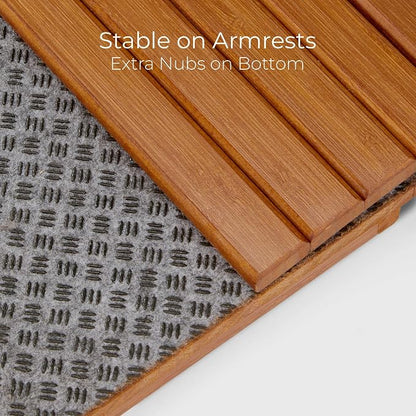 DETOR Couch Arm Tray with Anti-Slip Leather Pad, Sturdy Bamboo Slats, Fits Armrests 5.5" and Wider, Acacia Stained