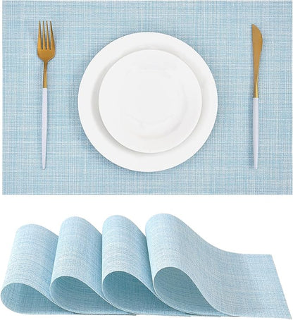 Leetaltree Soft Sky Blue Woven Placemats Set of 4 - Heat Resistant Non-Slip Place mats for Dining Table, Washable Durable PVC Vinyl Woven Table Mats(Sky Blue, 4)