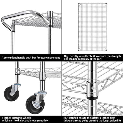 Finnhomy 3 Tier Heavy Duty Commercial Grade Utility Cart, Wire Rolling Cart with Handle Bar, Steel Service Cart with Wheels, Utility Shelf Plant Display Shelf Food Storage Trolley, NSF Listed