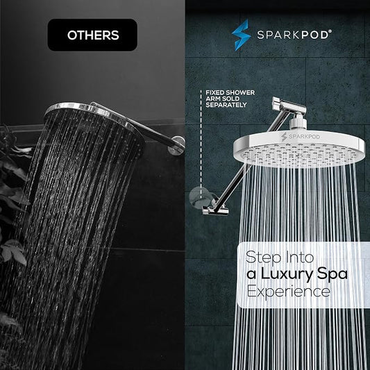 SparkPod 8" Round Rain Shower Head with 16" Shower Arm | Shower Head & Extension Arm Combo, Height Adjustable, High Pressure Performance, Easy 1-Minute Installation, Polished Chrome