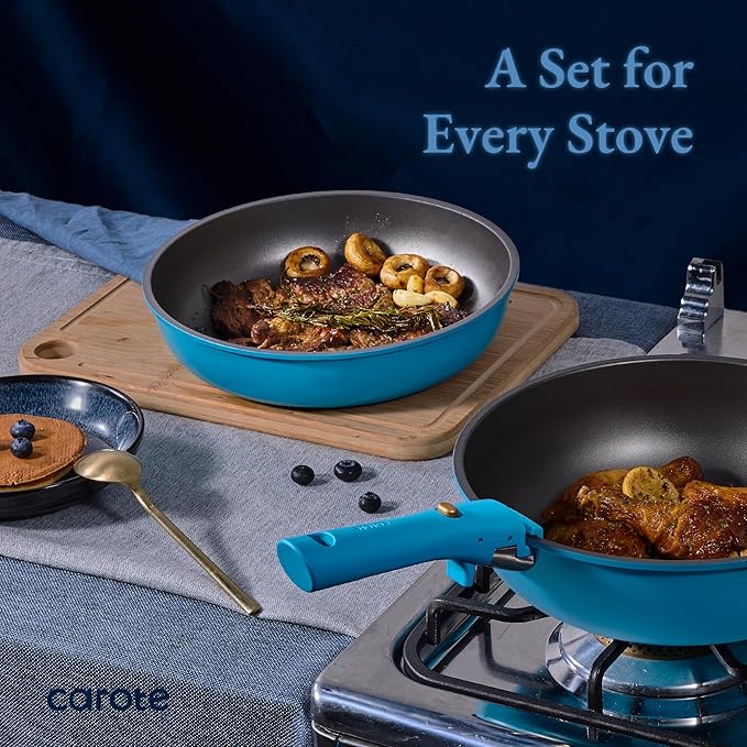 CAROTE 21pcs Pots and Pans Set, Nonstick Cookware Set Detachable Handle, Induction Kitchen Cookware Sets Non Stick with Removable Handle, RV Cookware Set, Peacock Blue
