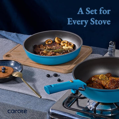 CAROTE 21pcs Pots and Pans Set, Nonstick Cookware Set Detachable Handle, Induction Kitchen Cookware Sets Non Stick with Removable Handle, RV Cookware Set, Peacock Blue